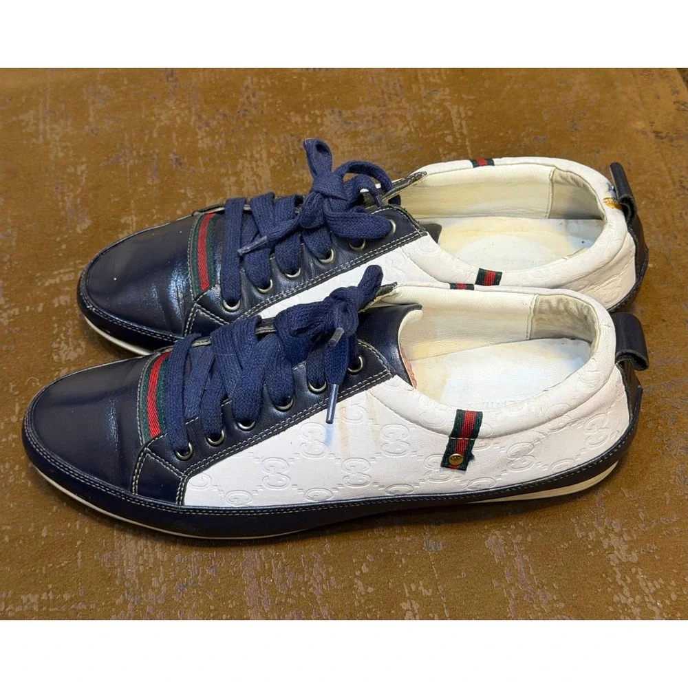 Gucci Low Top Sneakers Navy White Guccissima Leather Web Stripe Mens 10